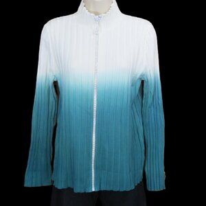 Belldini Ivory to Size Teal Ombre Rhinestone Zipper Jacket Cardigan Knit Large